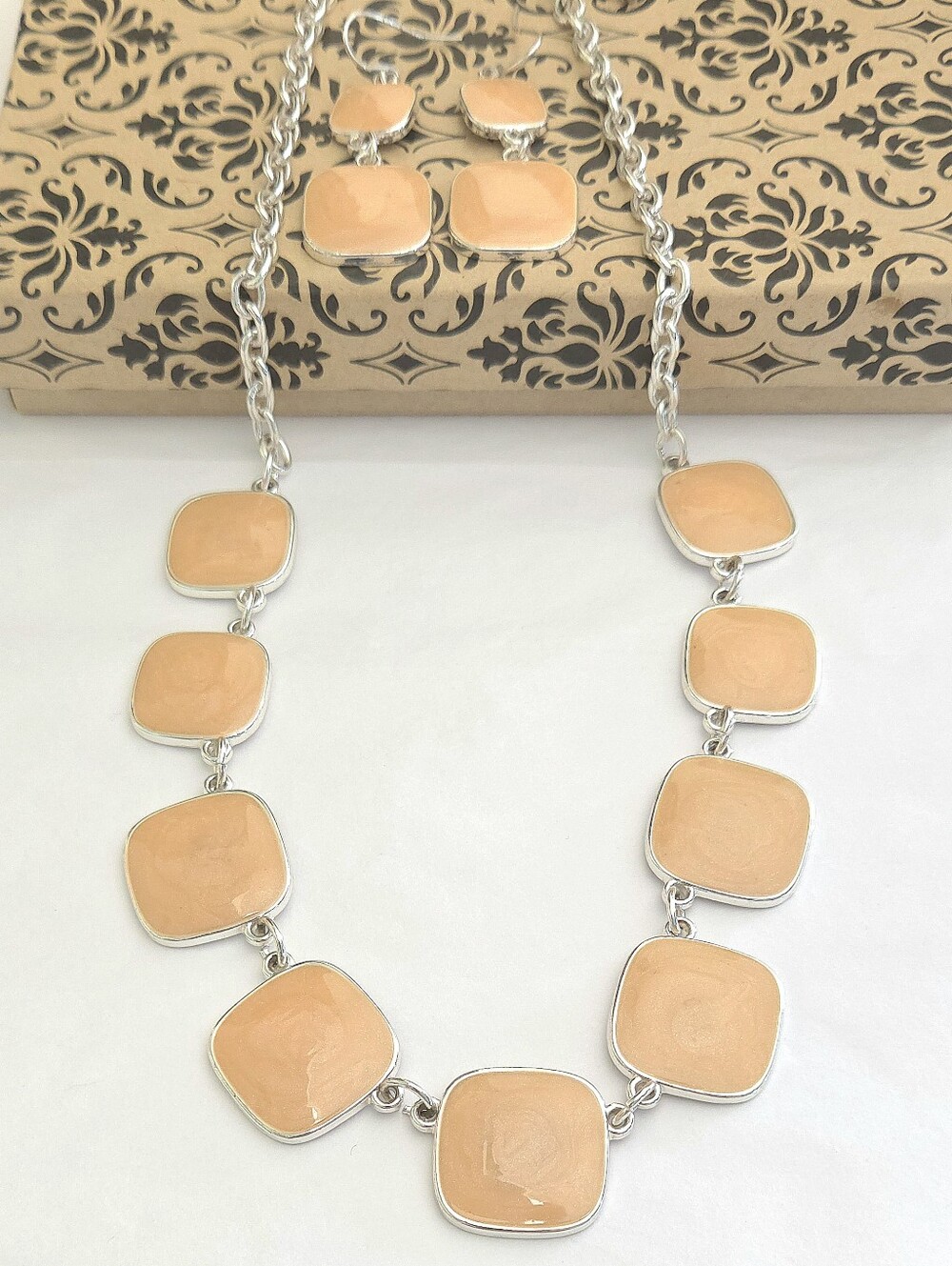 Peach Orange Shimmer Enamel Square Link Silver Tone Necklace & Dangle Earrings